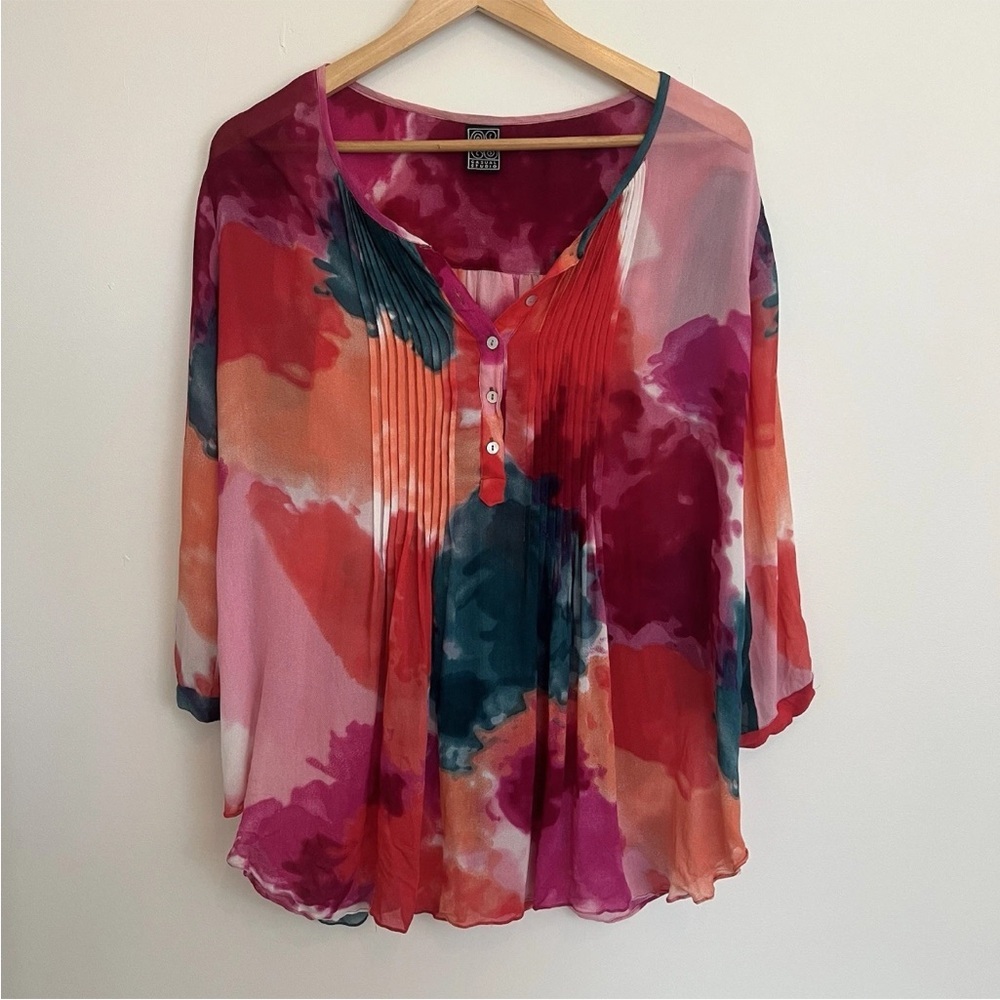Red‎ and Pink Pleated 3/4 Sleeve Blouse